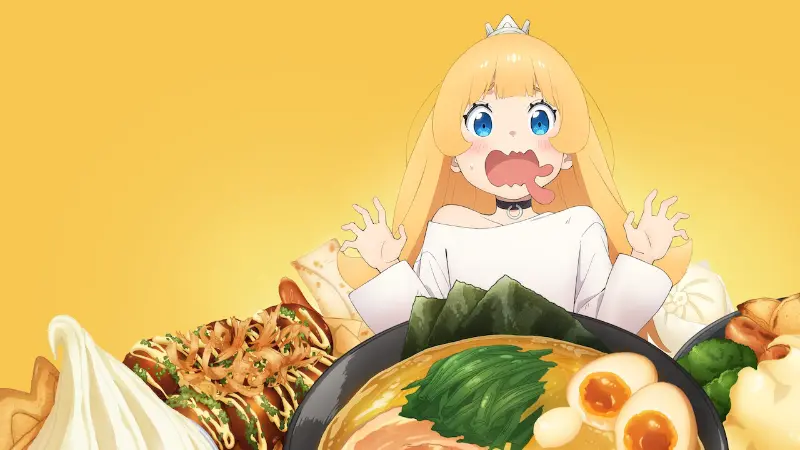 The captive Princess staring with wide eyes and a drooling expression at a massive feast of ramen, hot dogs, and desserts.