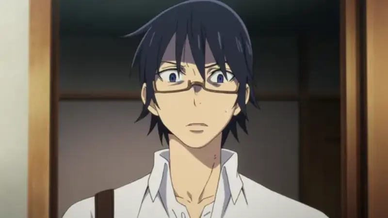 Erased protagonist Satoru Fujinuma wearing glasses and looking deeply shocked by a sudden revelation.