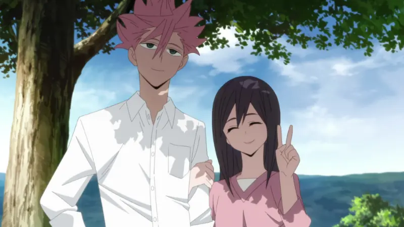 ID: INVADED characters smiling brightly under a tree, providing a rare moment of peace in the psychological thriller.