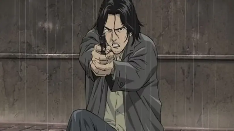 Dr. Kenzo Tenma taking a tense defensive stance in the pouring rain, concluding our list of the best detective anime.