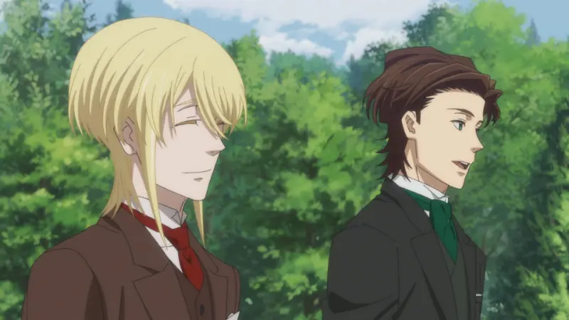 William James Moriarty and Sherlock Holmes walking together through a lush green forest in Moriarty the Patriot.