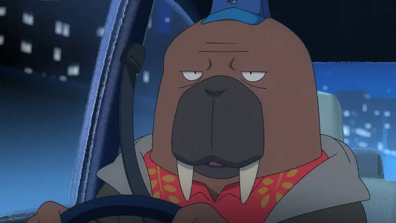 The stoic walrus Odokawa driving his cab through the glowing city streets at night in Odd Taxi.