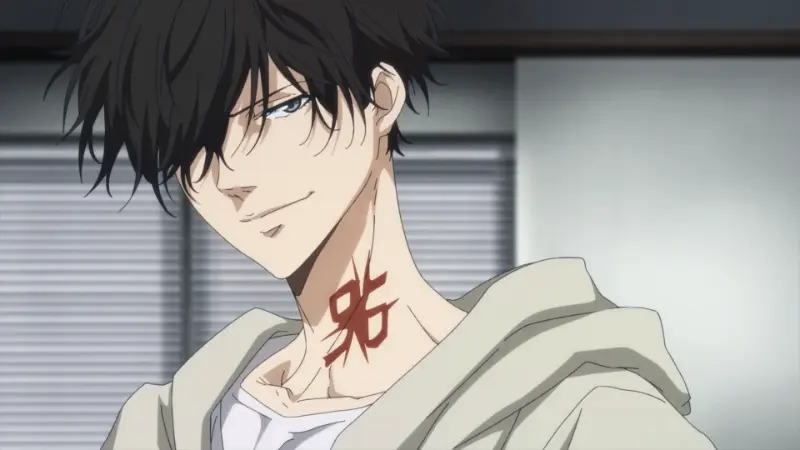 Ron Kamonohashi showing a confident smile and his distinctive neck tattoo in a thrilling detective anime.