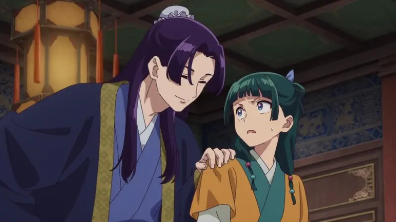 In The Apothecary Diaries, Jinshi playfully interacts with a slightly annoyed Maomao inside the palace.