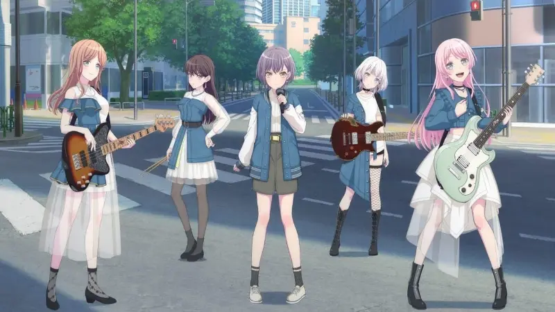 The five members of the MyGO band standing in the middle of a city street holding their guitars, bass, and microphones.
