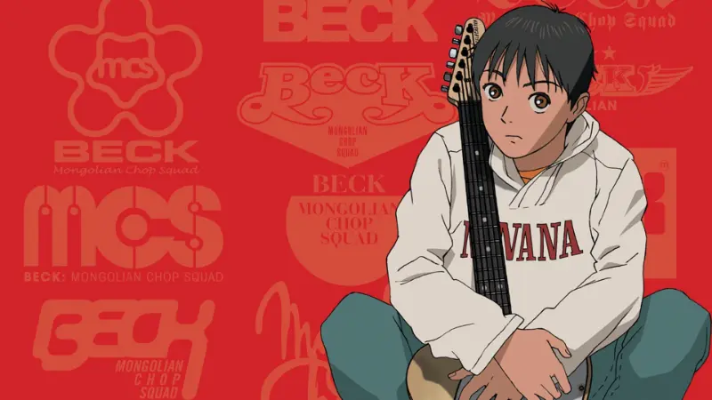 Koyuki sitting on the floor holding a guitar against a bright red background covered in band logos, a classic visual from one of the best music anime.