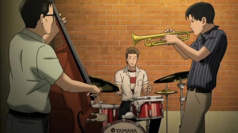 Sentaro enthusiastically playing the drums while Kaoru plays the piano during a passionate basement jazz jam session.