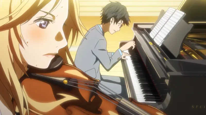 Kaori Miyazono playing the violin with intense focus while Kousei Arima accompanies her on the piano, showcasing the emotional depth of the best music anime.