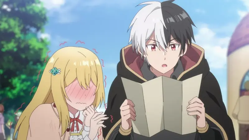 A heavily blushing Charlotte standing next to Allen holding a map in I'm Giving the Disgraced Noble Lady a Crash Course in Naughtiness.