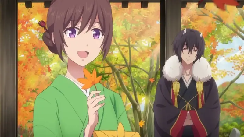 Aoi holding an autumn leaf with the ogre Odanna standing behind her in Kakuriyo: Bed and Breakfast for Spirits.