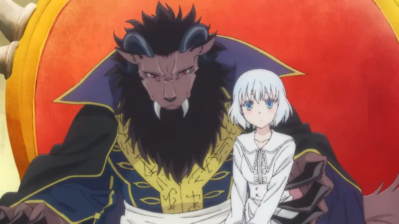 The beast king Leonhart sitting on his red throne with Sariphi beside him in Sacrificial Princess and the King of Beasts.