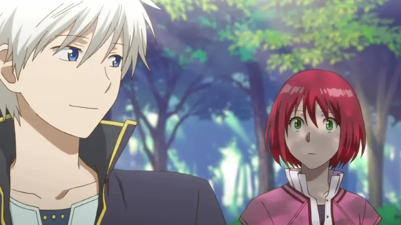 Zen Wistaria and Shirayuki standing together in a sunlit forest in Snow White with the Red Hair.