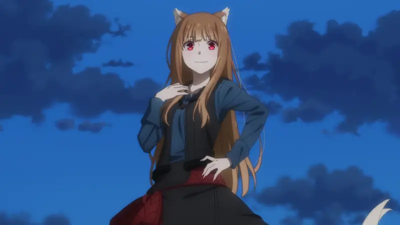 Holo the wise wolf standing confidently against a dark blue evening sky in Spice and Wolf.