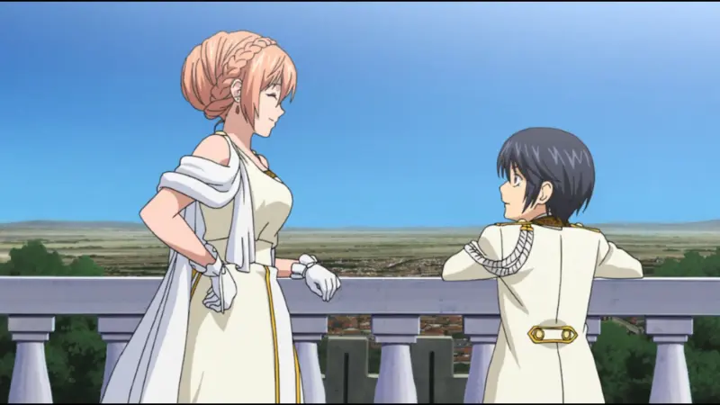 Nike in a white gown and Livius in royal attire looking at each other on a balcony in The World is Still Beautiful.