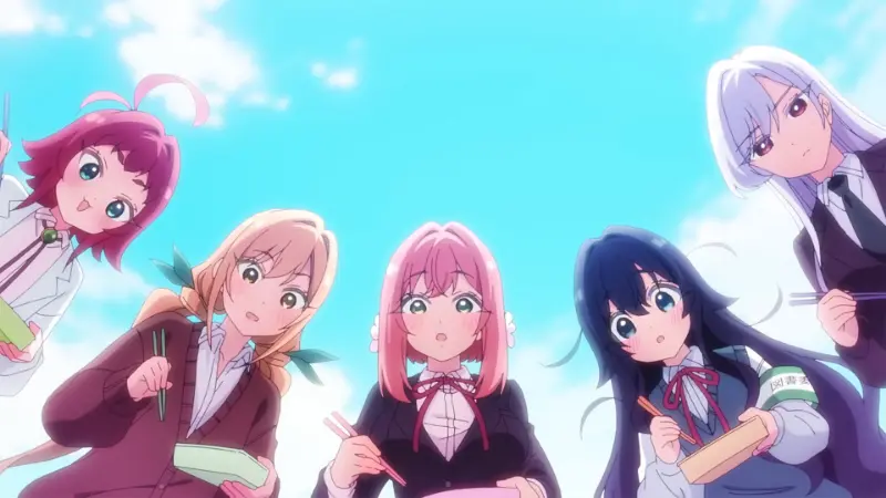 Five high school girls look affectionately downward while holding their lunchboxes under a bright blue sky.