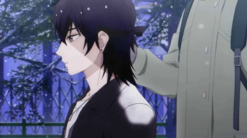 Hananoi stands in profile during a gentle snowfall while a hand softly touches his shoulder.