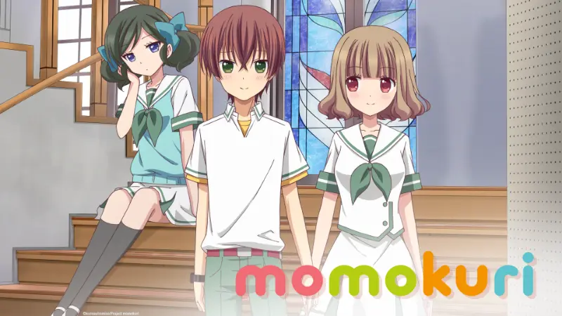 Yuki Kurihara and Shinya Momotsuki happily hold hands while Norika sits on the stairs behind them.