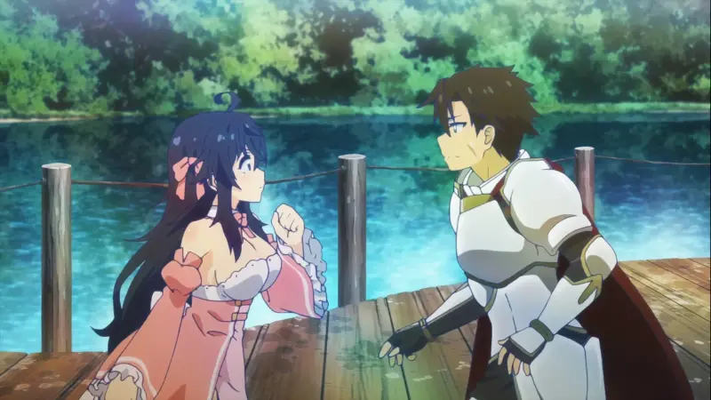 Ako and Rusian stand face-to-face in their fantasy avatar outfits on a wooden dock by a blue lake.