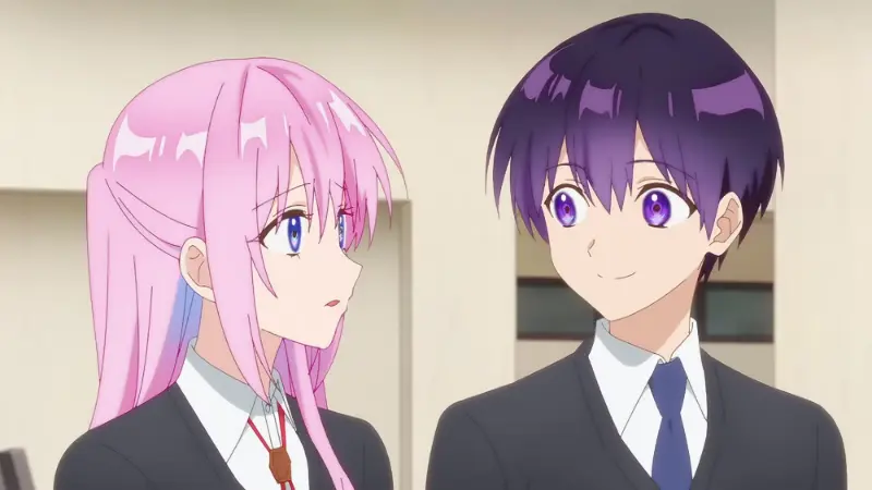 Shikimori looks affectionately at a smiling Izumi while both wear their high school uniforms.