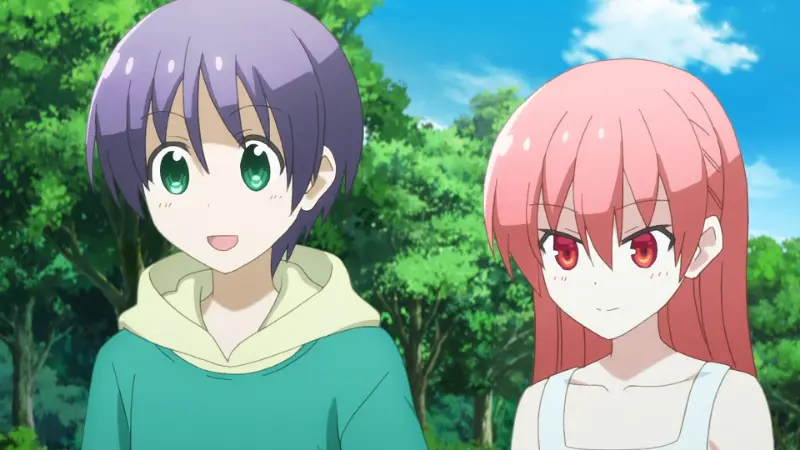 Nasa and Tsukasa Yuzaki smile happily while standing together outdoors surrounded by green trees.