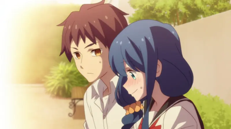 Chizuru Takano blushes sweetly while sitting on a park bench next to a serious Takurou Sugawara.