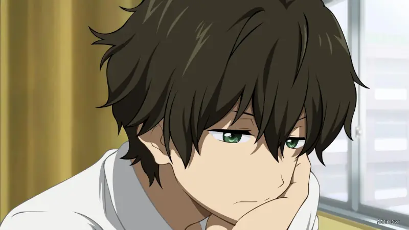 The lazy but brilliant deductive genius MC Hotaro Oreki rests his chin on his hand in the mystery anime Hyouka.
