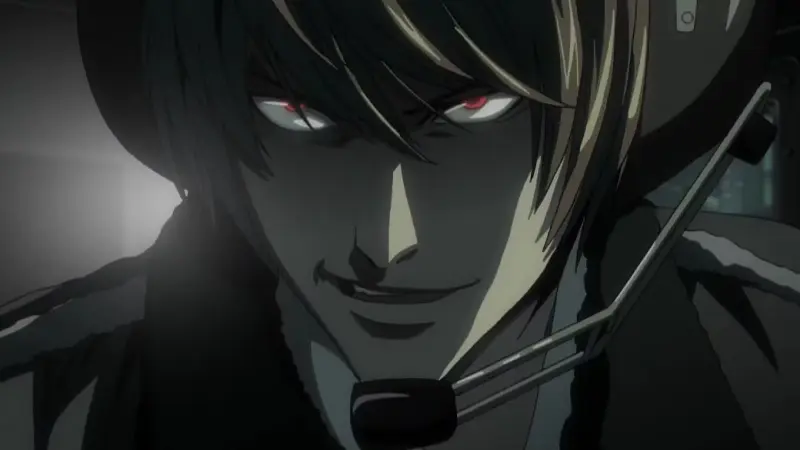 The brilliant but corrupted genius MC Light Yagami smiles evilly while wearing a headset in the psychological thriller anime Death Note.
