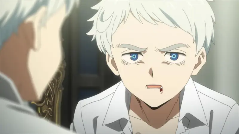 The 300-IQ genius MC Norman stares coldly while calculating a flawless escape plan in the psychological thriller anime The Promised Neverland.