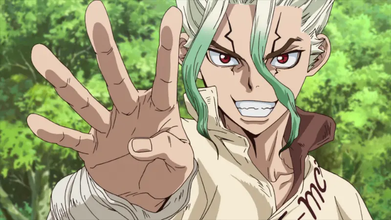 The unparalleled scientific genius MC Senku Ishigami confidently holds up four fingers in the post-apocalyptic anime Dr. Stone.