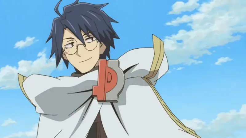 The master strategist and genius MC Shiroe adjusts his glasses while wearing his white cloak in the isekai anime Log Horizon.