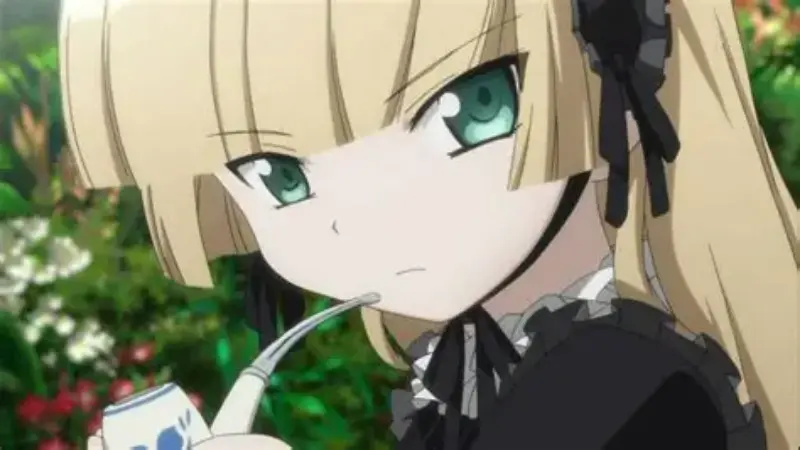 The Sherlock Holmes-style deductive genius Victorique de Blois holds her signature ceramic pipe in the historical mystery anime Gosick.