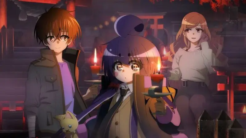 Yayoi holding a lit candle with Keitaro and Eiko standing in a dimly lit shrine in the horror anime Dark Gathering.