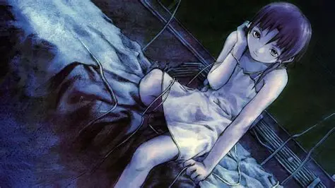 Lain Iwakura sitting passively bound by computer wires in Serial Experiments Lain