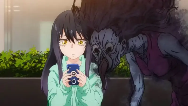 Miko nervously looking at her phone while ignoring a grotesque ghost right next to her face in Mieruko-chan.