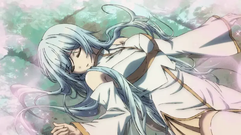 Cecilia rests peacefully on the ground in a white and gold dress surrounded by a soft, glowing aura.
