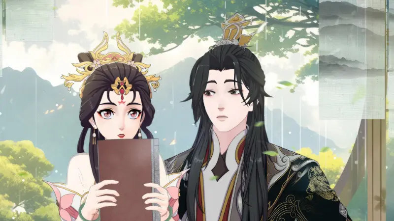 A young woman holds a brown book next to a tall, dark-haired man in traditional robes as light rain falls around them.