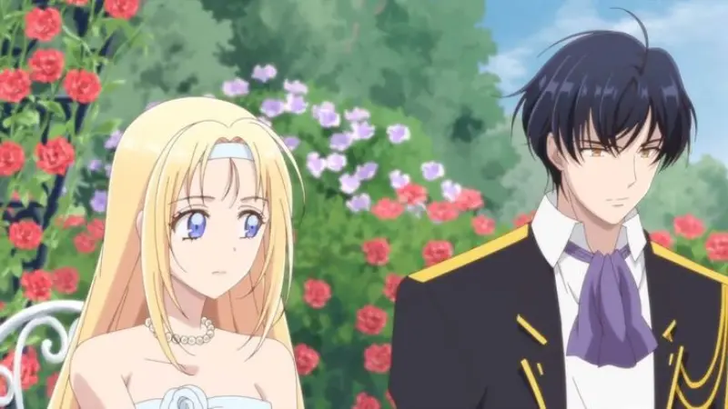 Elise stands elegantly in a white dress beside a serious Prince Linden in a vibrant pink rose garden.