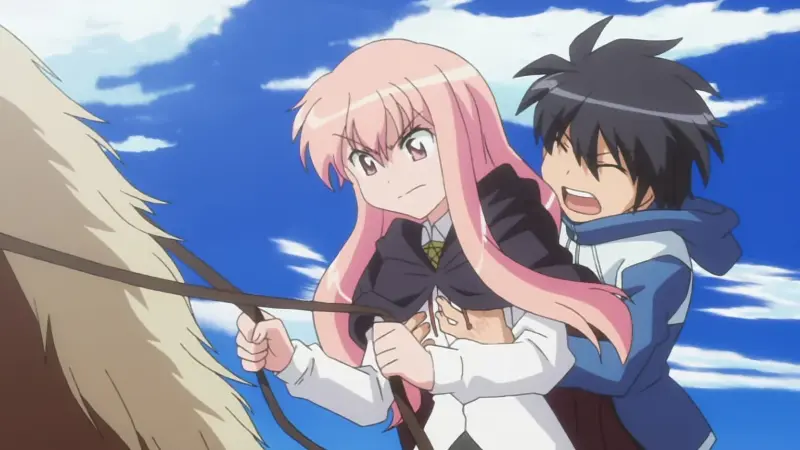 Louise firmly holds the reins of a horse while a panicked Saito clings tightly to her from behind.
