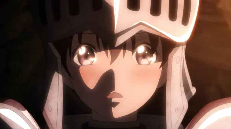 The armored warrior Raelza blushes deeply, her wide eyes reflecting light from within the shadows of her heavy metal helmet.