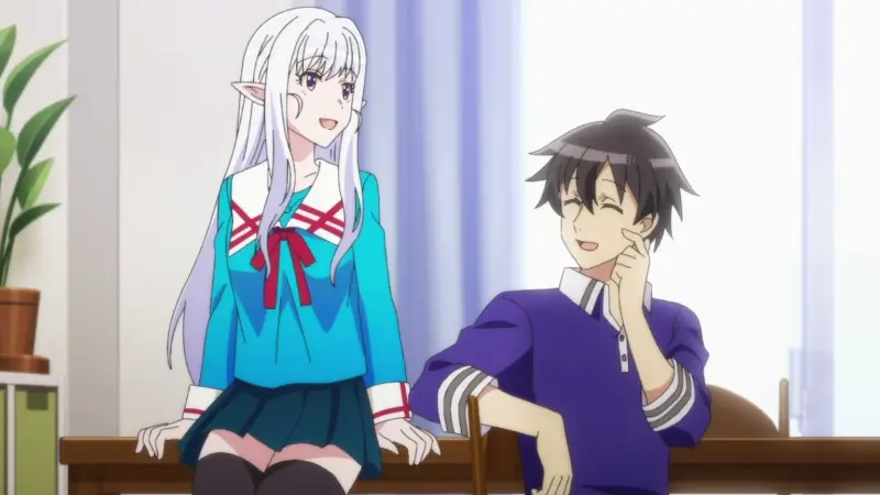 The elf Marie smiles happily wearing a modern school uniform while Kazuhiro sits beside her in a brightly lit apartment.