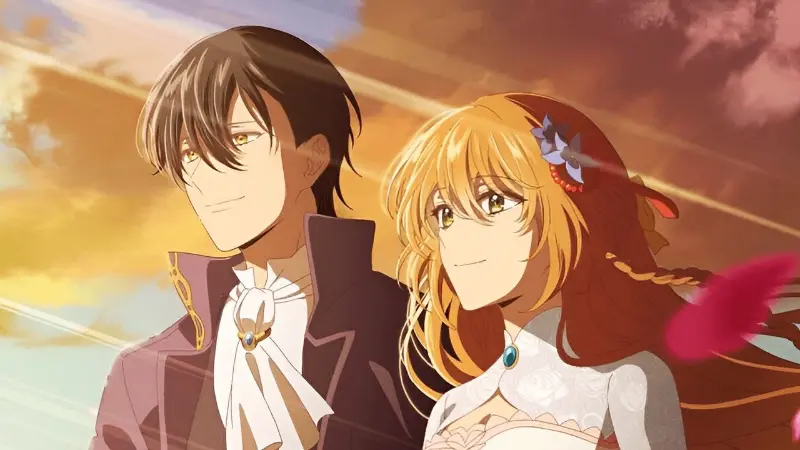 Raeliana and Duke Noah Wynknight stand side-by-side smiling softly against a warm, golden sunset.