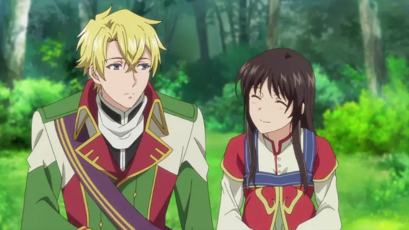 Sei smiles cheerfully while sitting next to Commander Albert Hawke in a lush, green sunlit forest.