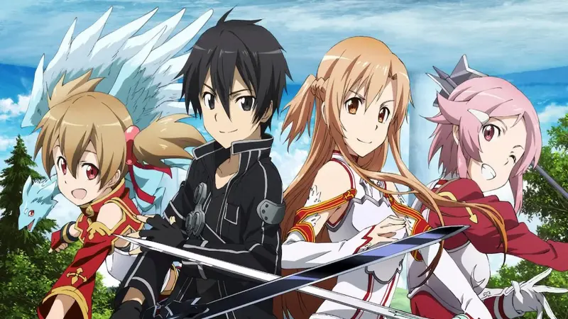 Kirito, Asuna, Silica, and Lisbeth draw their swords and strike a confident pose together under a bright blue sky.