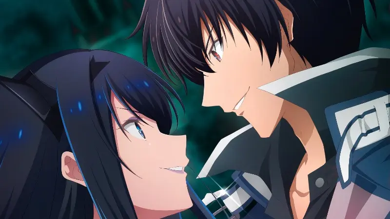 The overpowered demon king Anos Voldigoad smiles closely at Misha Necron in the no isekai fantasy anime The Misfit of Demon King Academy.
