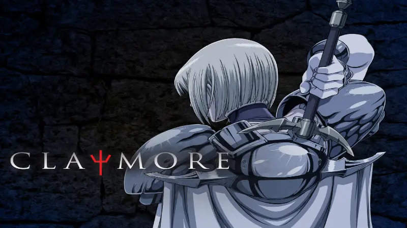 The powerful warrior Clare draws her giant sword against a dark stone wall in the dark fantasy no isekai anime Claymore.