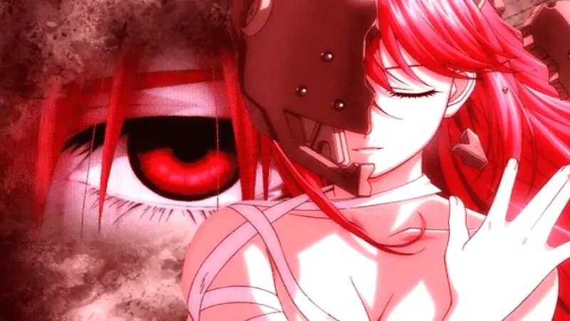 Lucy reveals her glowing red eye behind a broken metal helmet in the brutal no isekai sci-fi anime Elfen Lied.