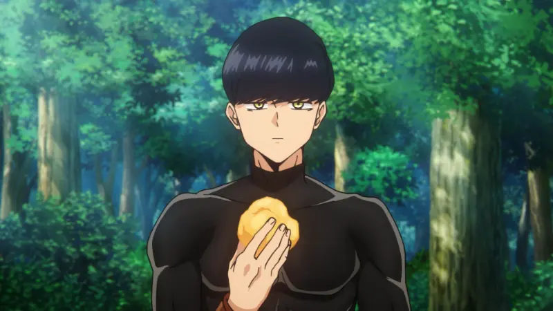 The incredibly strong Mash Burnedead prepares to eat a cream puff in the forest in the action comedy anime Mashle: Magic and Muscles.