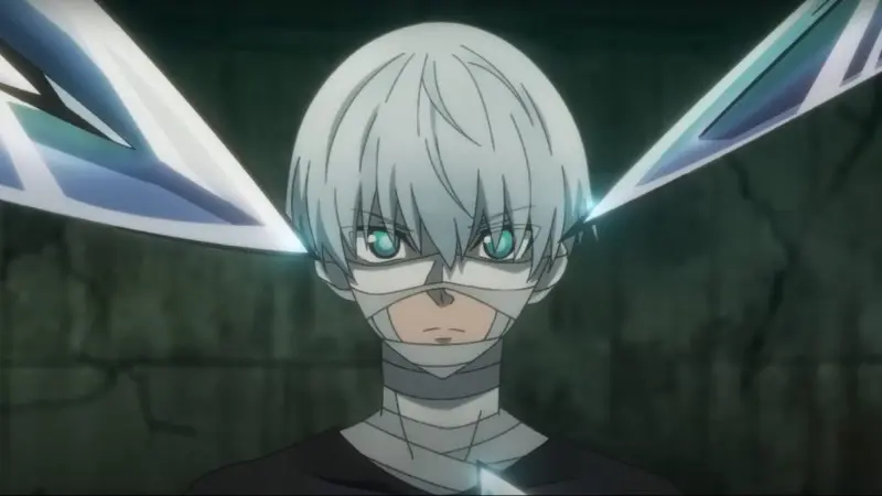 Ragna stares intensely with a bandaged face and floating swords in the OP main character dark fantasy anime Ragna Crimson.