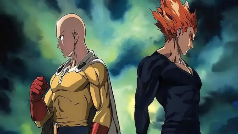 The invincible hero Saitama stands back-to-back with the martial artist Garou against a stormy sky in the superhero anime One Punch Man.