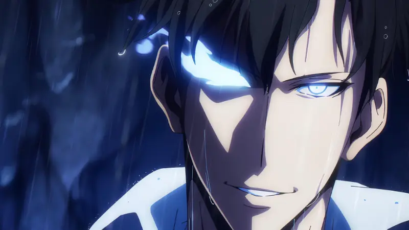 Sung Jin-woo displays a glowing blue eye in the rain in the highly popular OP main character action anime Solo Leveling.
